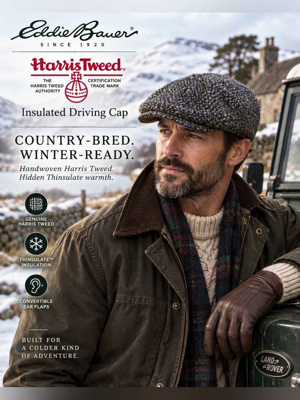 Eddie Bauer Harris Tweed Insulated Driving Cap in Brown and Gray